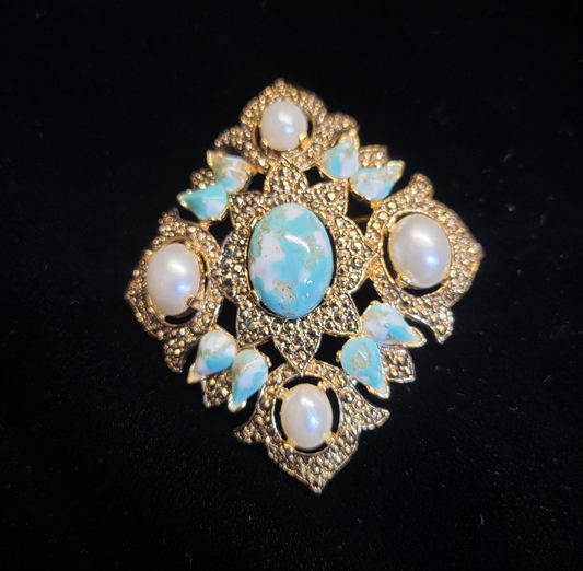 Stamped "Sarah Coventry" Gold Tone Faux Pearl & Faux Turquois Brooch or Pendant
