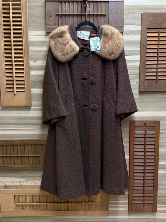 Brown Wool Triple Button Fur Trim Collar by "New Williams"  Birmingham Alabama