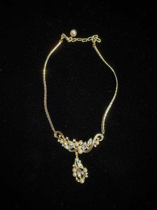 "Trifari" Stamped Necklace Gold Tone Faux and Pearl Rhinestone Pendant