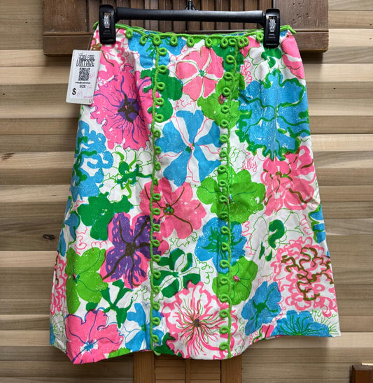70's Repurposed Lilly Pulitzer Fabric Handmade to a Floral Print Skirt with Green Embellishments