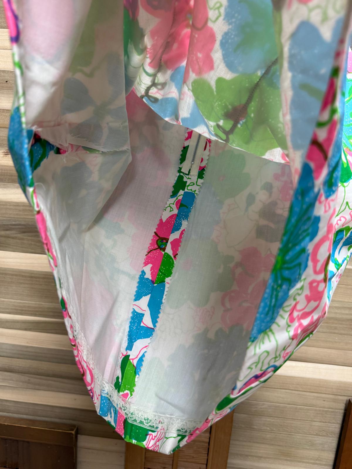 70's Repurposed Lilly Pulitzer Fabric Handmade to a Floral Print Skirt with Green Embellishments