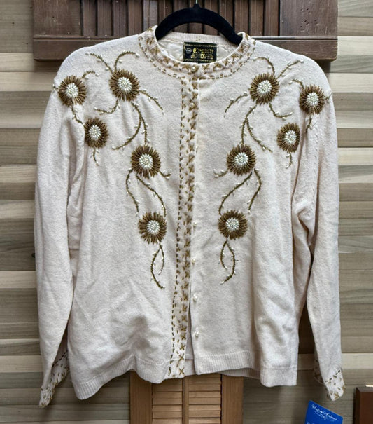 1950's "Crown" 100% Lambs Wool Cashmere Finished - Beaded Cardigan with Satin Lining