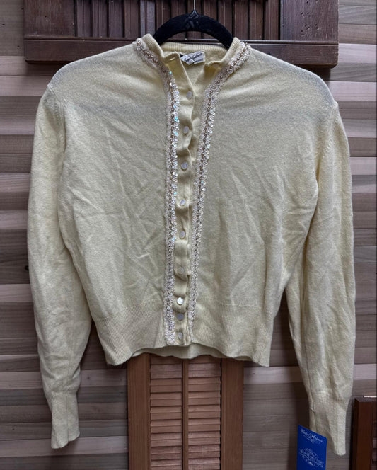 1950's Cream Beaded 10 Button Lined Cardigan with Cuffed Sleeves 100% Imported Cashmere
