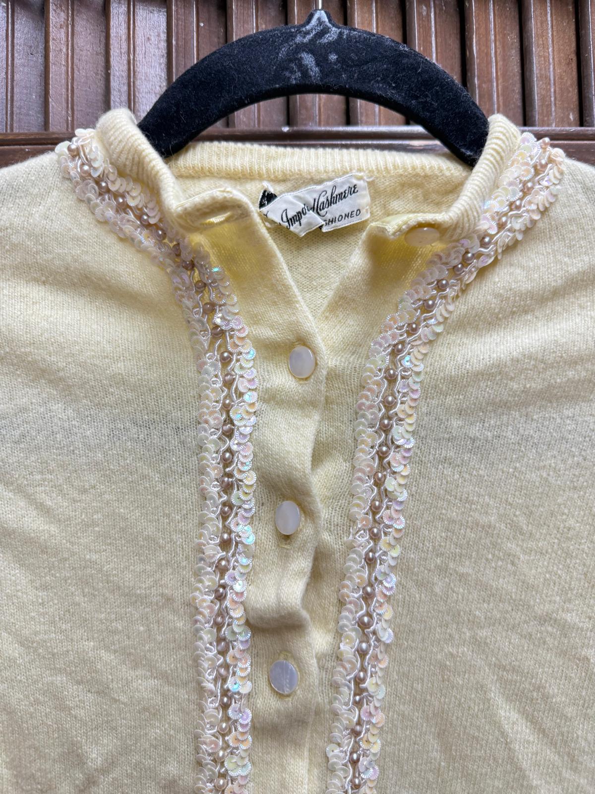 1950's Cream Beaded 10 Button Lined Cardigan with Cuffed Sleeves 100% Imported Cashmere