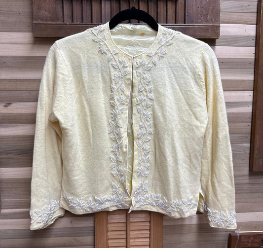 1950's Yellow Beaded Cashmere Cardigan Lined with Clasps for Closures