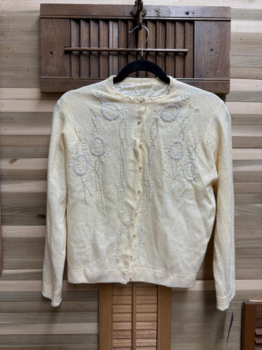 1950's Yellow Beaded Cashmere Cardigan Lined with 9 Pearl Buttons