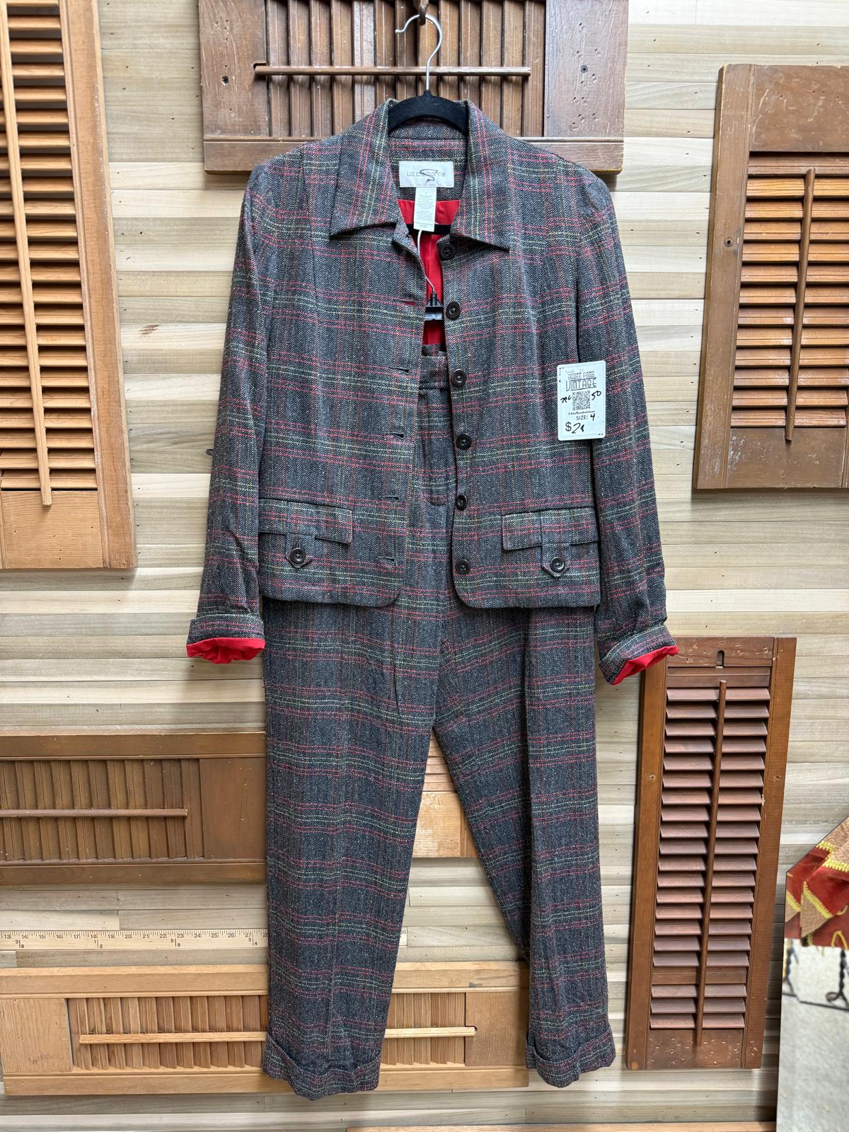 1990's Liz Claiborne Gray Plaid Pants (Tabitha pants size 10) Suit Set - Blazer w/Pockets Size 4