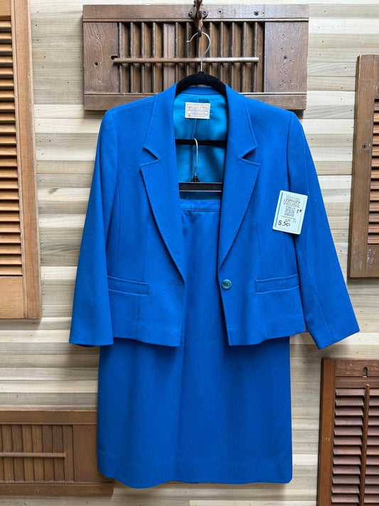 1980's Pendleton Fully Lined Pure Virgin Wool Blue Blazer Skirt Suit Set Size M