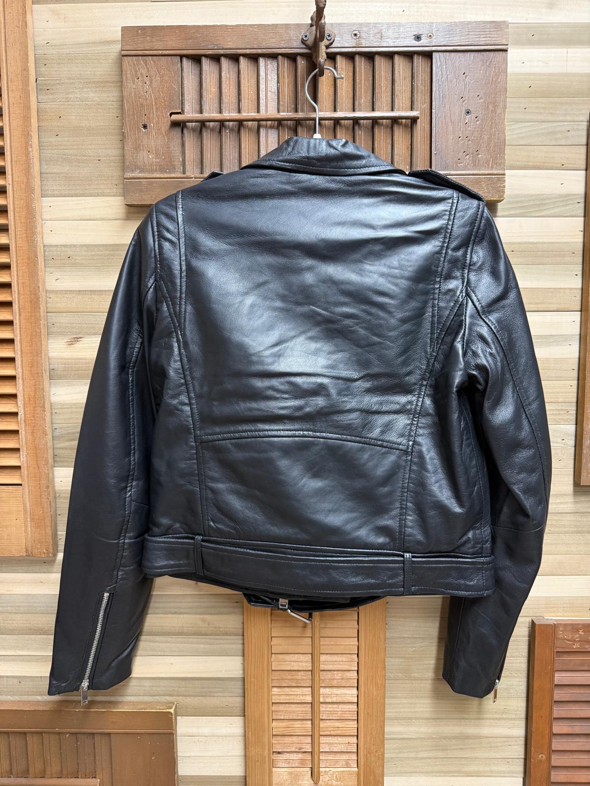 Genuine Pakistan Leather Biker Jacket Zips, Buttons, Collar, Belt Cinch