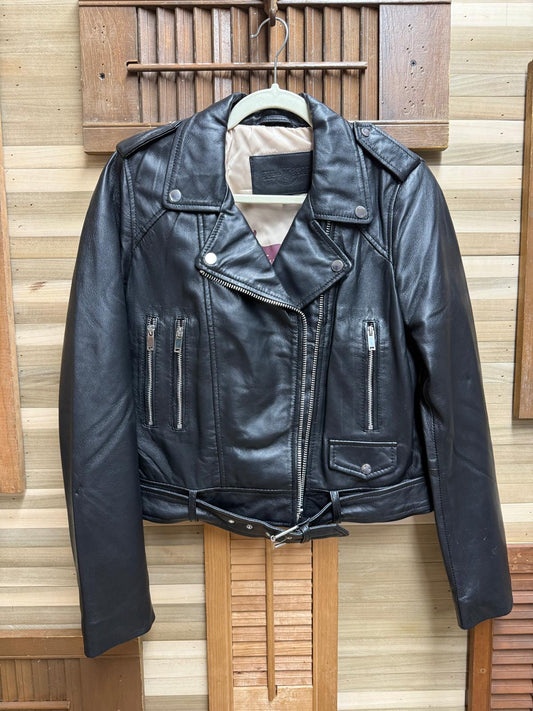 Genuine Pakistan Leather Biker Jacket Zips, Buttons, Collar, Belt Cinch