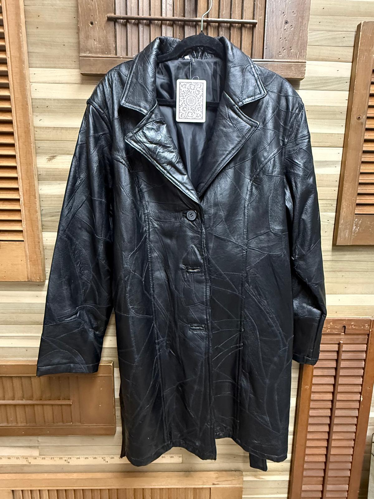 Genuine Leather Women's Black Patchwork Trench Coat