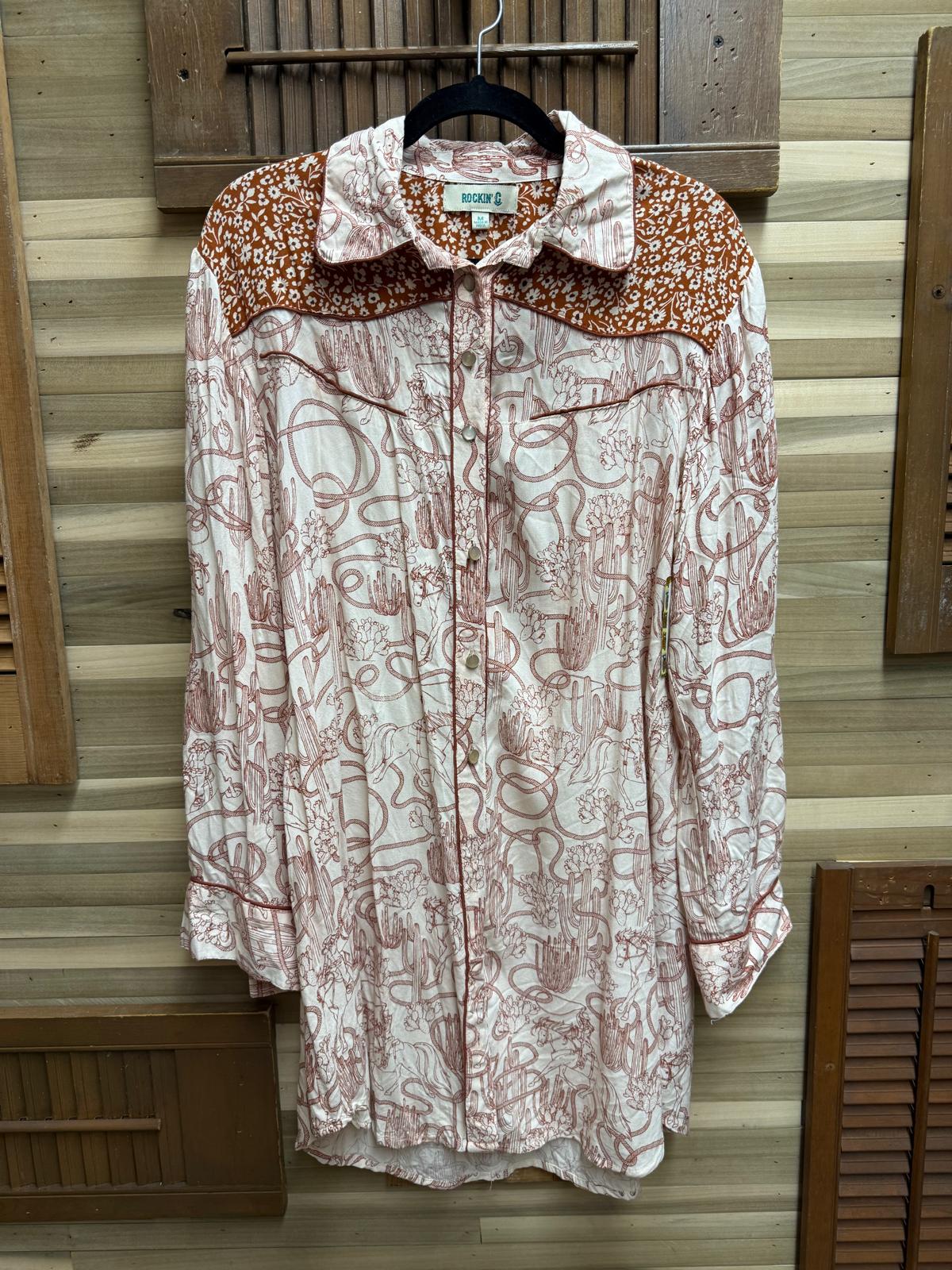 "Rockin C" Cactus Horses Rope Shirt / Belted Dress Size Medium