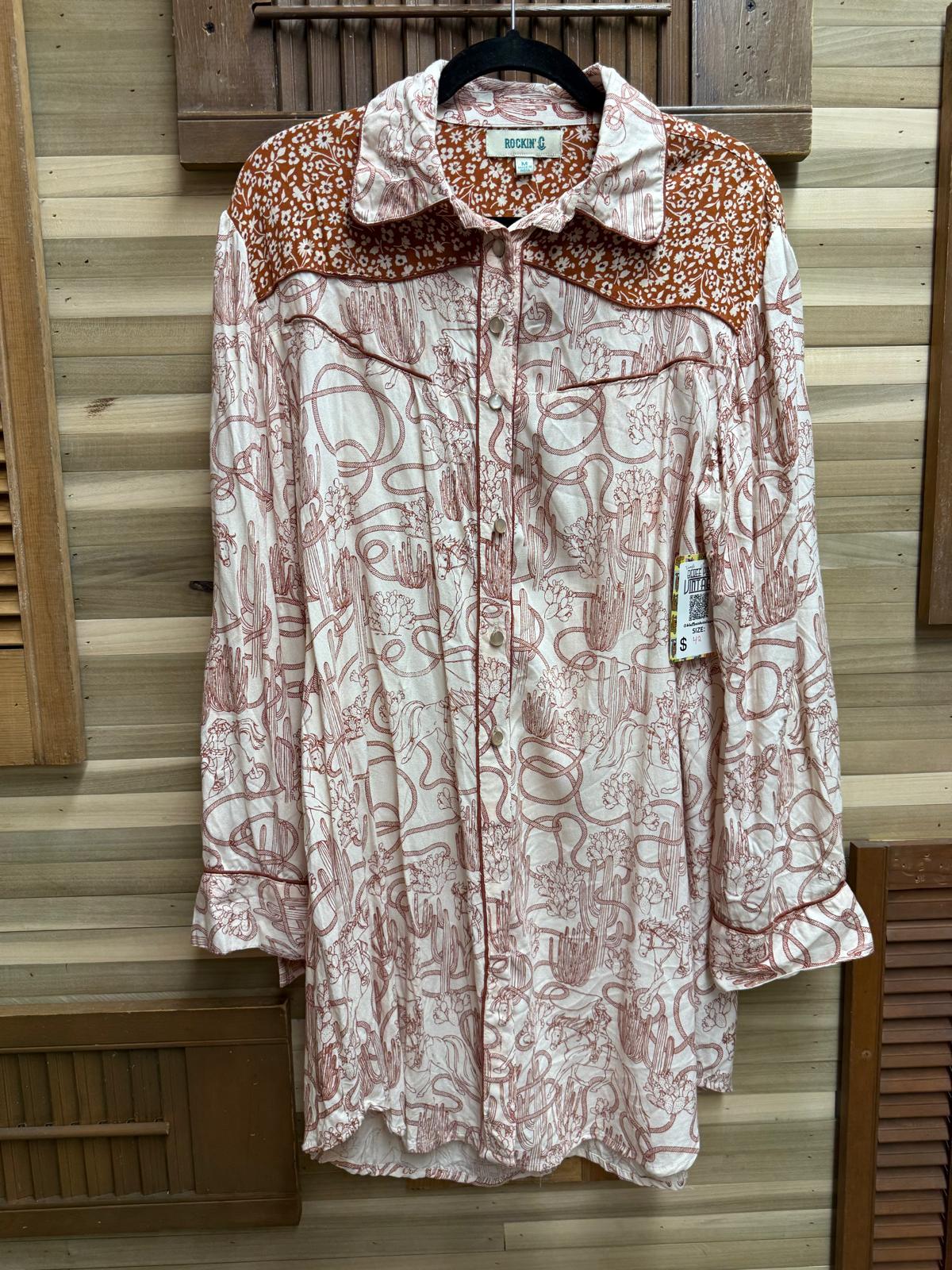 "Rockin C" Cactus Horses Rope Shirt / Belted Dress Size Medium