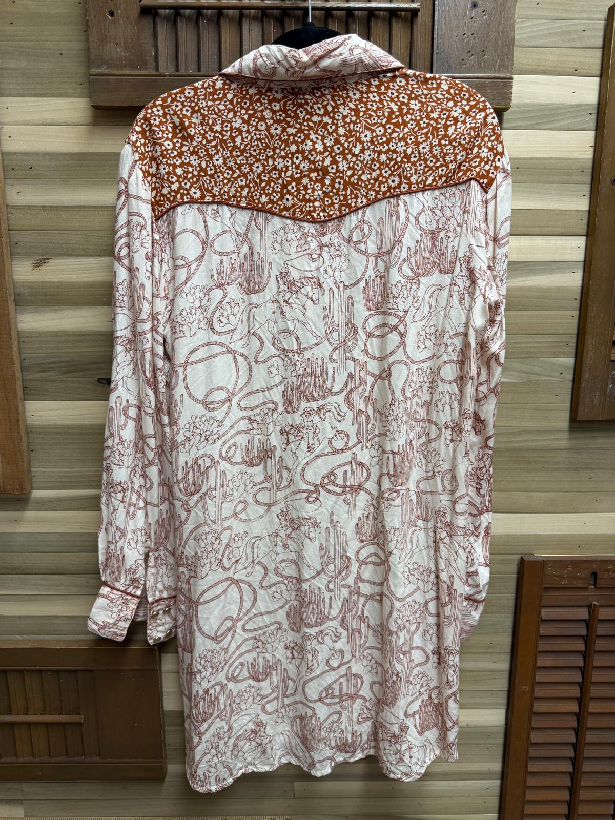 "Rockin C" Cactus Horses Rope Shirt / Belted Dress Size Medium