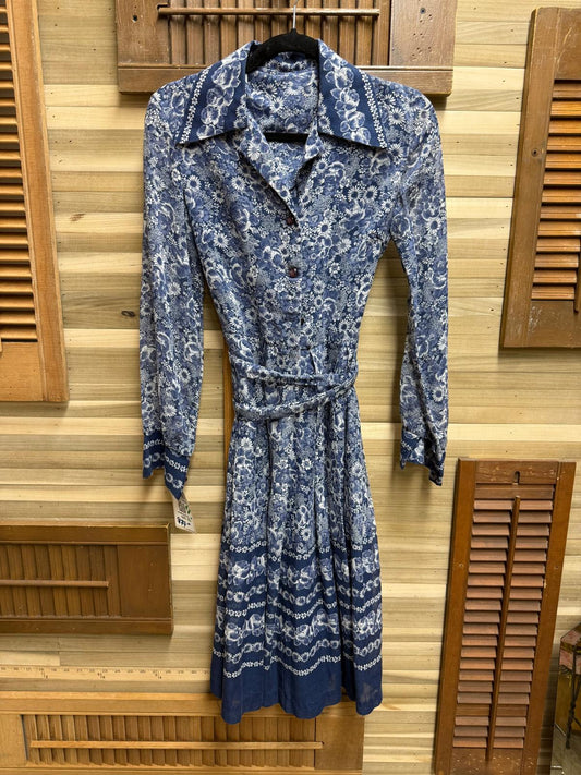 1970's Handmade Blue and White Floral Midi Dress with Wrap Size 12