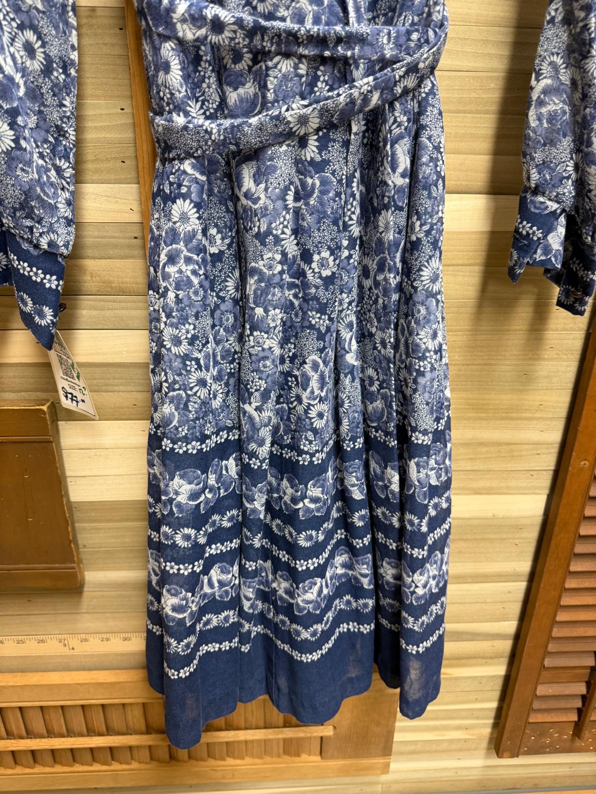 1970's Handmade Blue and White Floral Midi Dress with Wrap Size 12