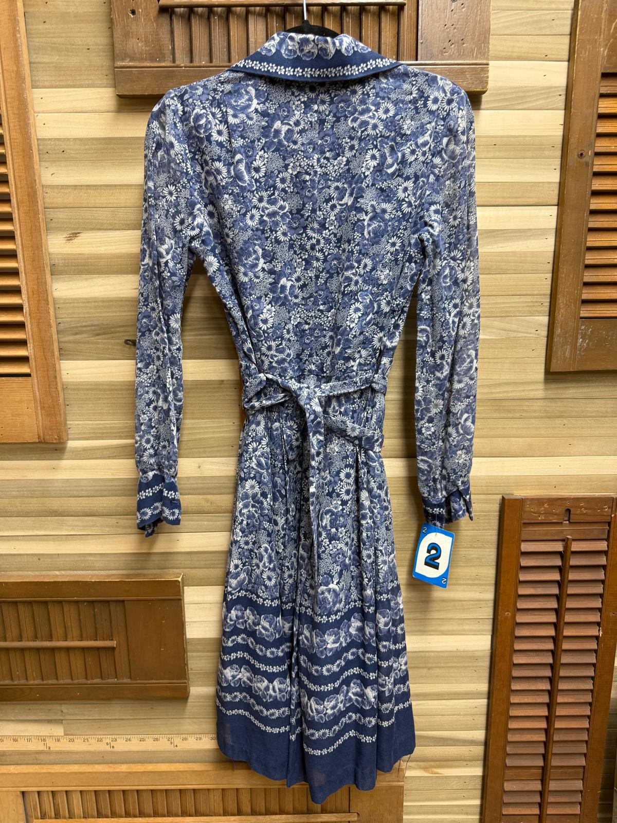 1970's Handmade Blue and White Floral Midi Dress with Wrap Size 12