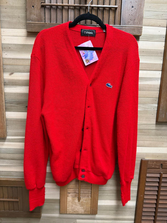 1980s Red IZOD Lacoste Knitted Buttoned Cardigan Sweater Made In USA Size XL
