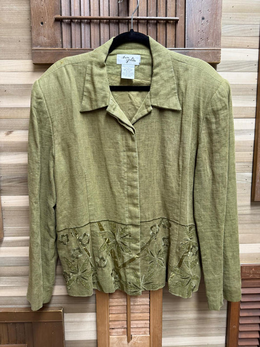 Ann Gerling Green Floral Embroidered 100%Linen Button Up Long Sleeve Shirt Size 16
