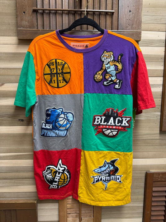 Black Pyramid Multicolor Color Block with Patches T-Shirt Size Small