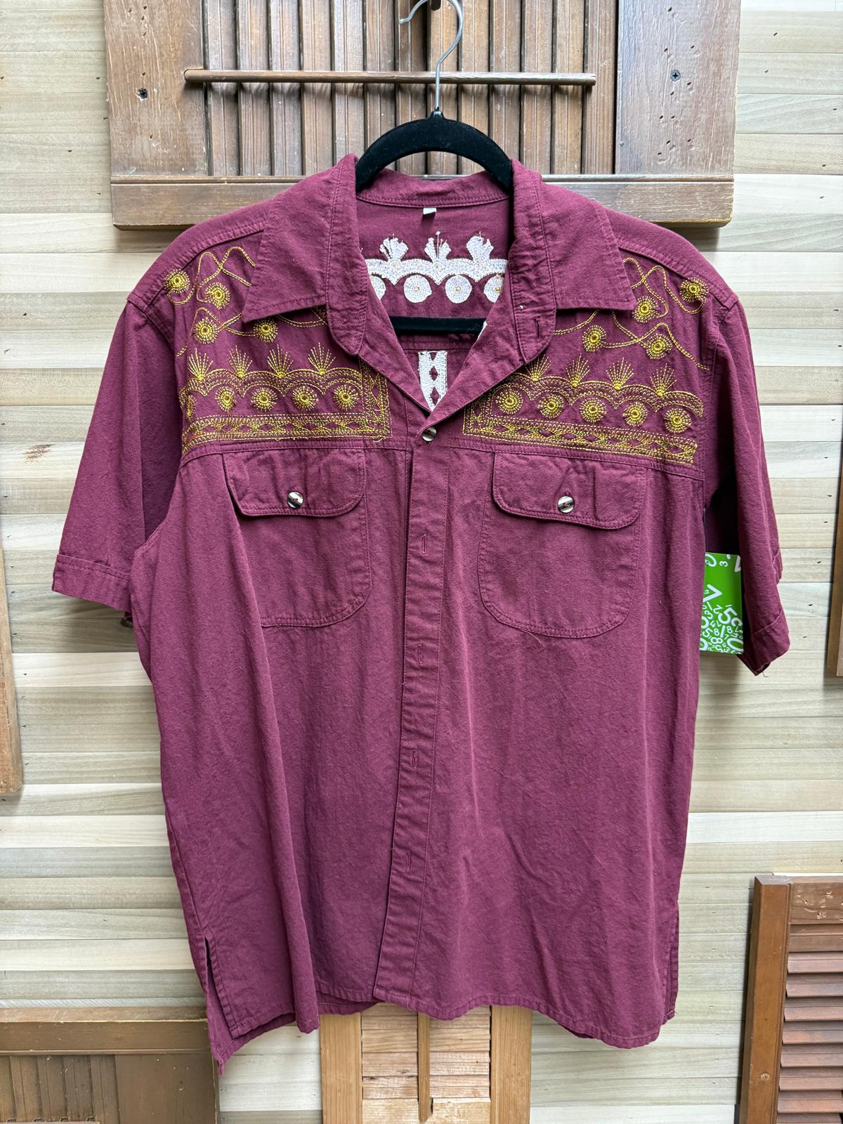 Burgundy Button Down Short Sleeve Shirt Embroidered with Gold Stitching and Two Front Buttoned Pockets