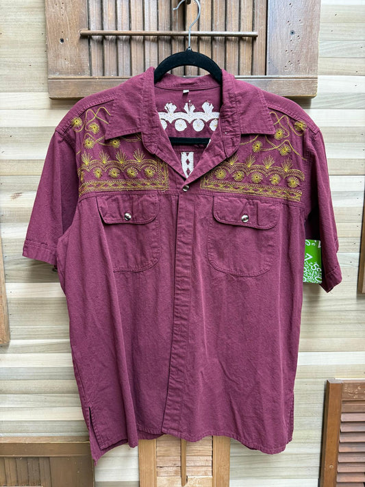 Burgundy Button Down Short Sleeve Shirt Embroidered with Gold Stitching and Two Front Buttoned Pockets
