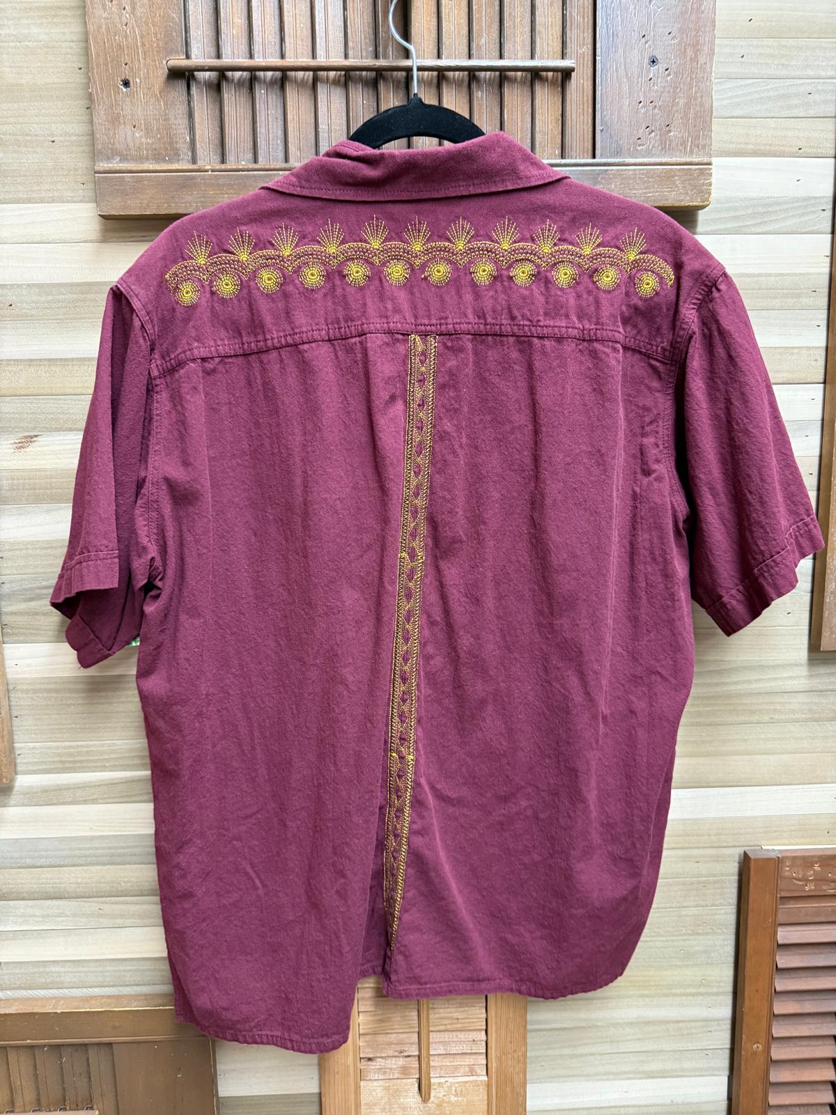 Burgundy Button Down Short Sleeve Shirt Embroidered with Gold Stitching and Two Front Buttoned Pockets