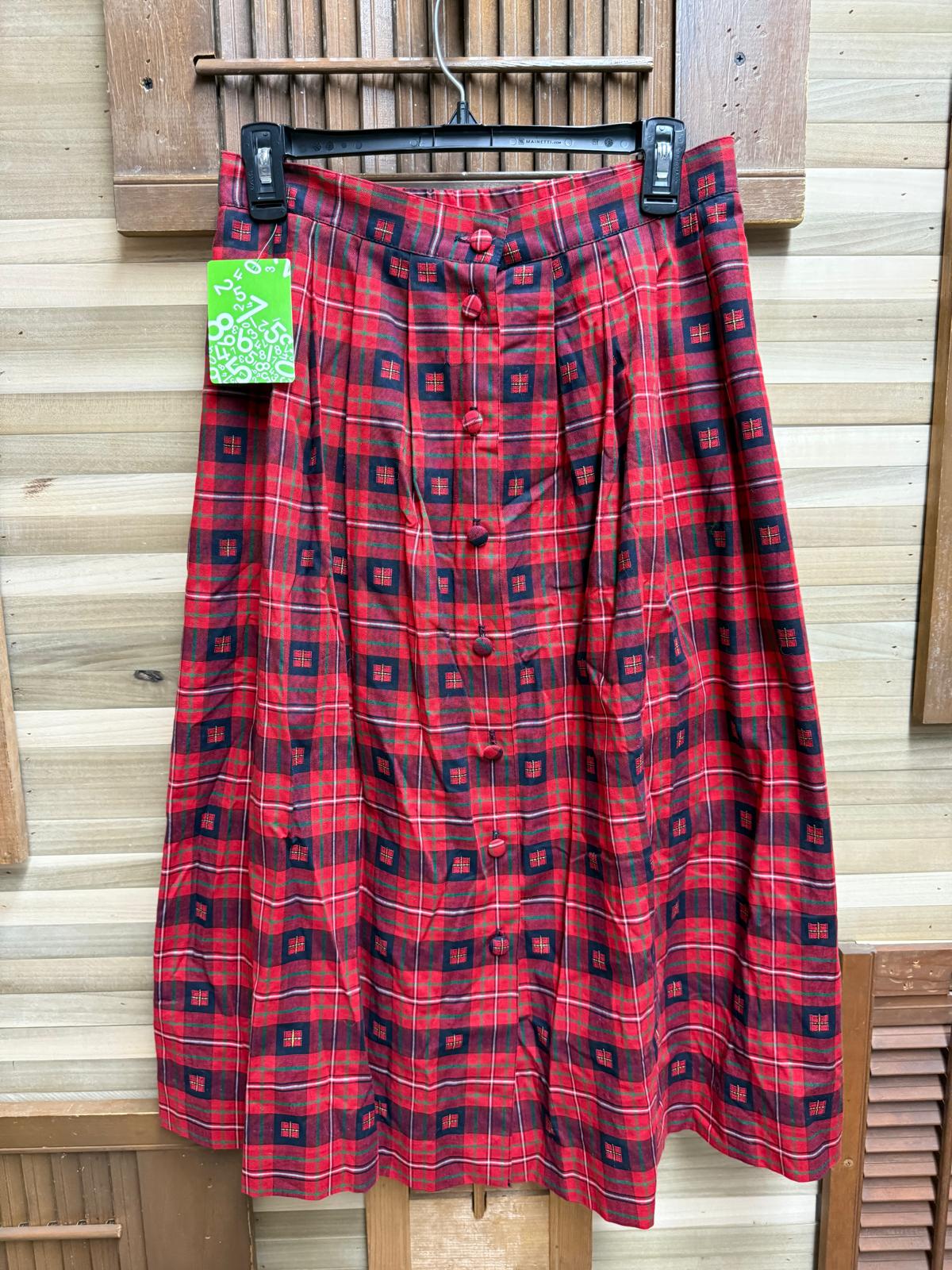 1990's Red Tartan (Plaid) Button Front Pleated Skirt by Susan Bristol Petites 100% Cotton Size 12