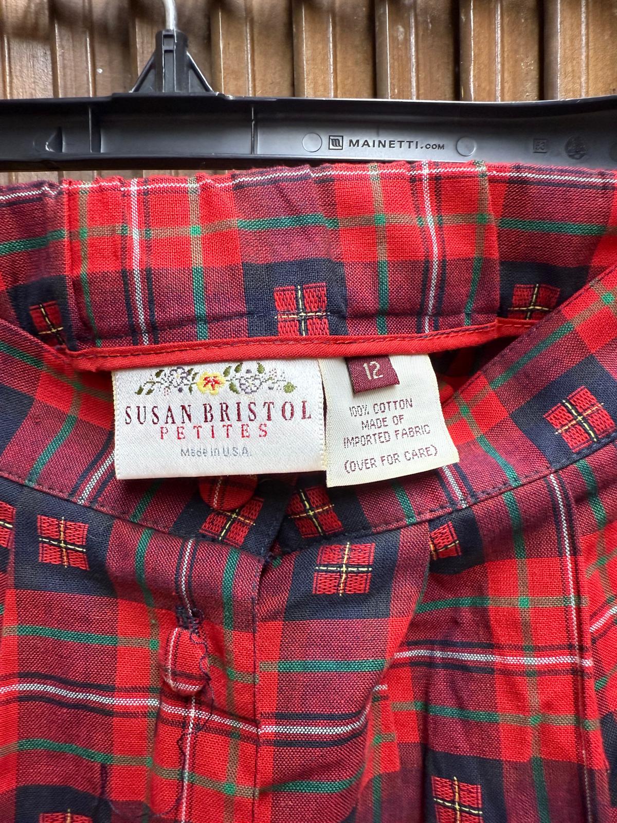1990's Red Tartan (Plaid) Button Front Pleated Skirt by Susan Bristol Petites 100% Cotton Size 12