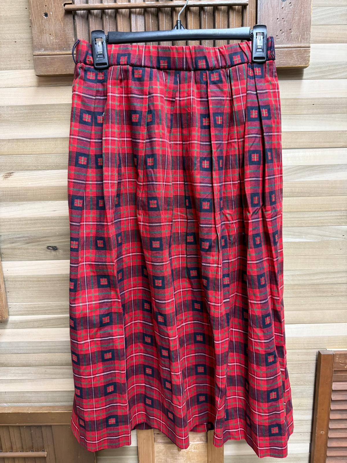1990's Red Tartan (Plaid) Button Front Pleated Skirt by Susan Bristol Petites 100% Cotton Size 12