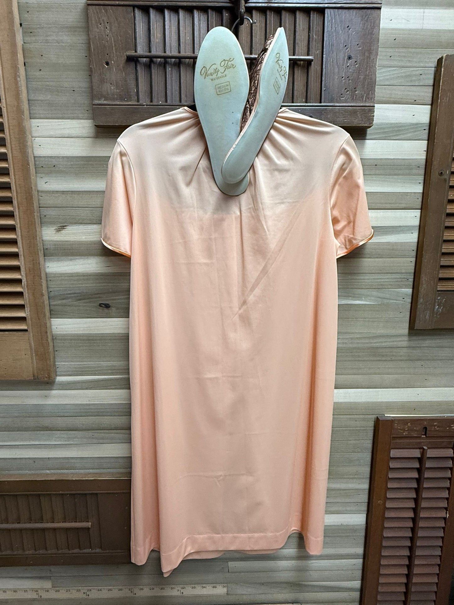 1970's Vanity Fair Peach with Brown Lace Nightgown, Cover, and  Matching slippers Size Small