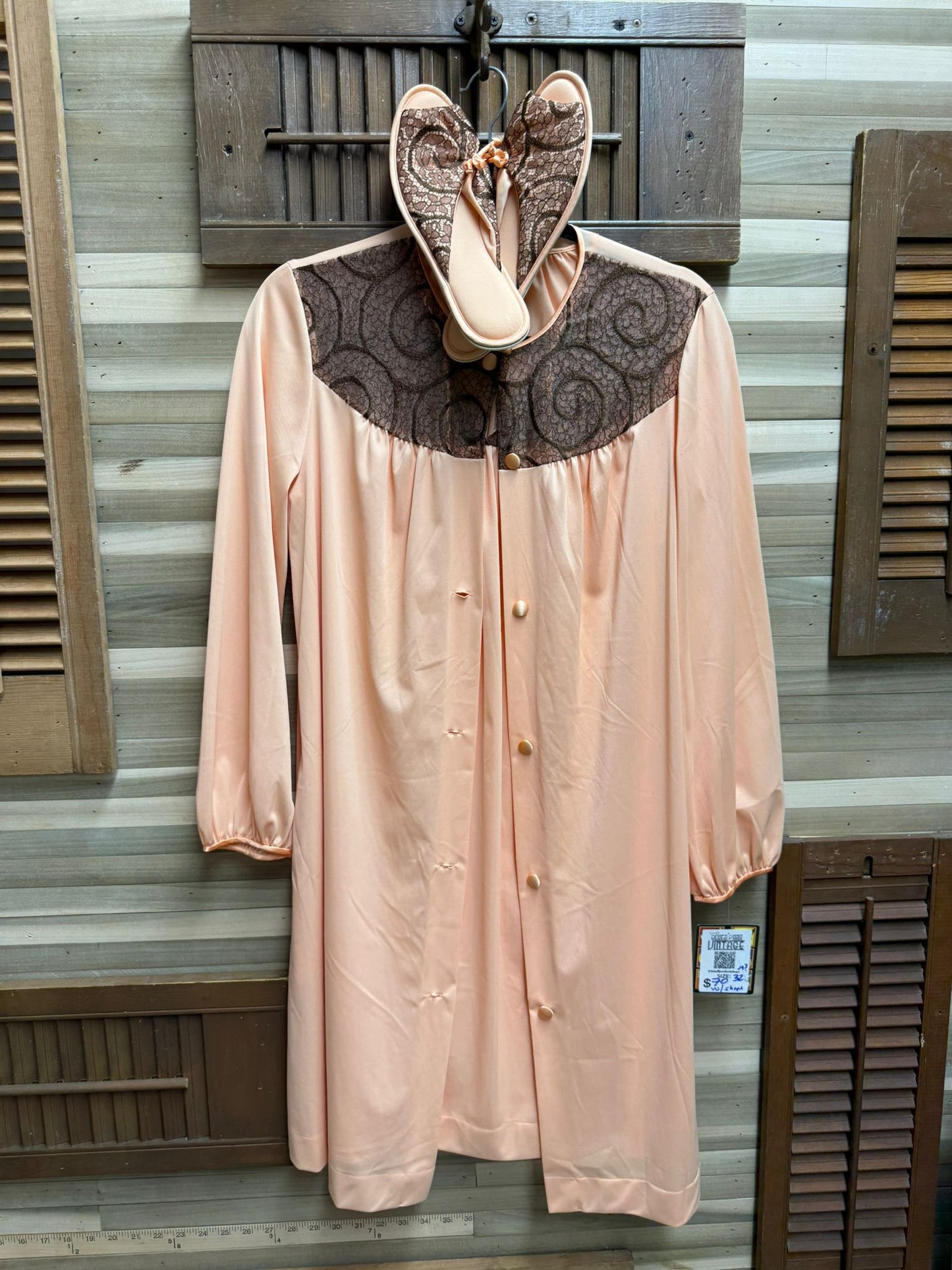 1970's Vanity Fair Peach with Brown Lace Nightgown, Cover, and  Matching slippers Size Small