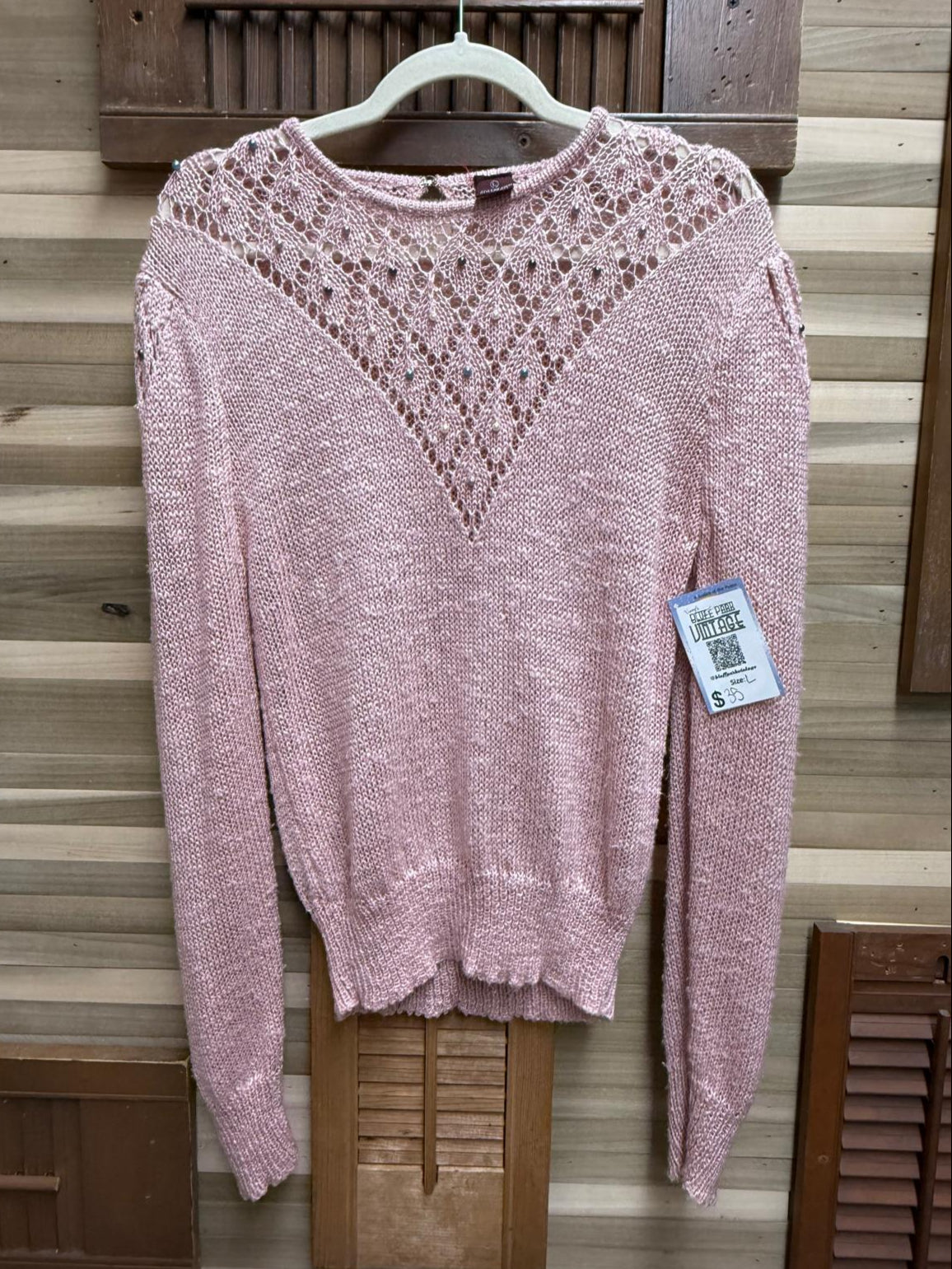Pink Acrylic Long-sleeved Sweater See-Through Deep Neck Line with Colored Pearl Accents Size L