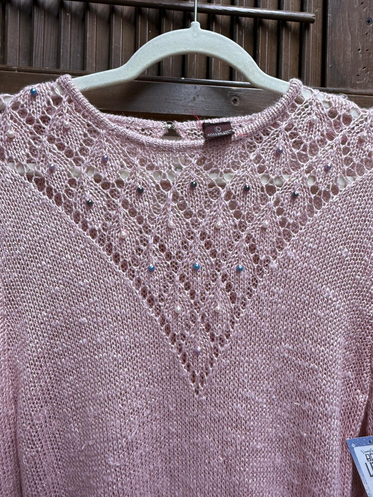 Pink Acrylic Long-sleeved Sweater See-Through Deep Neck Line with Colored Pearl Accents Size L
