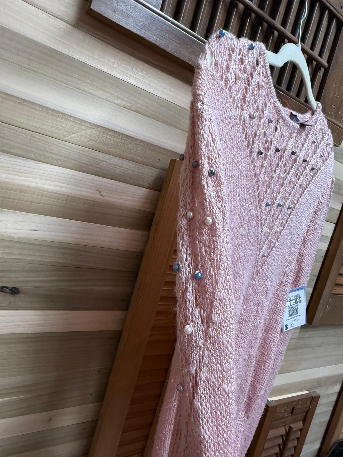 Pink Acrylic Long-sleeved Sweater See-Through Deep Neck Line with Colored Pearl Accents Size L