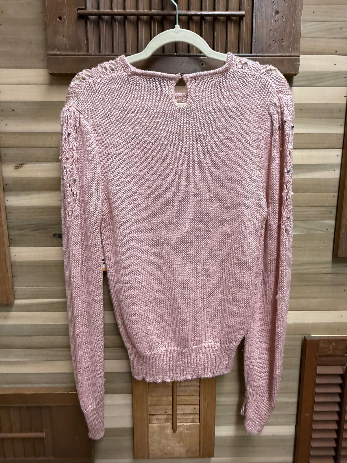 Pink Acrylic Long-sleeved Sweater See-Through Deep Neck Line with Colored Pearl Accents Size L