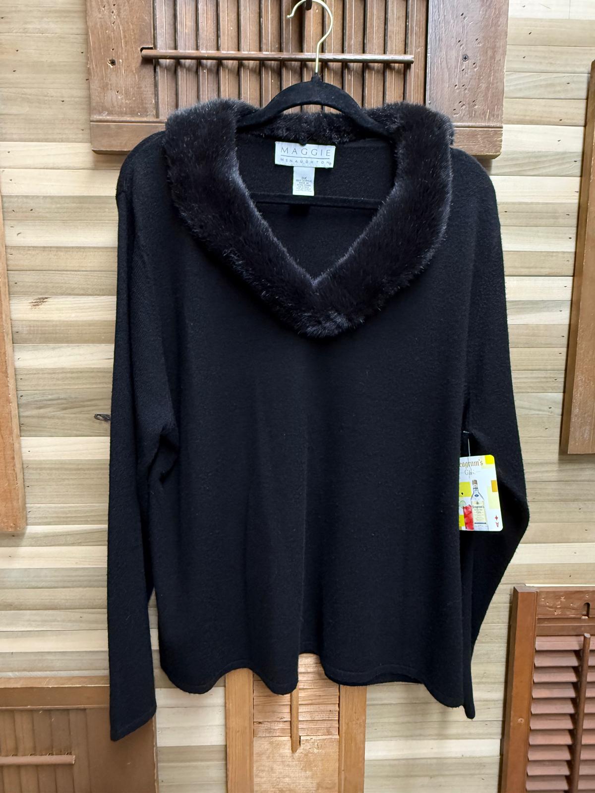 Maggie McNaughton Black V-Neck Long Sleeve Sweater with Removeable Faux Fur Trim Size XL