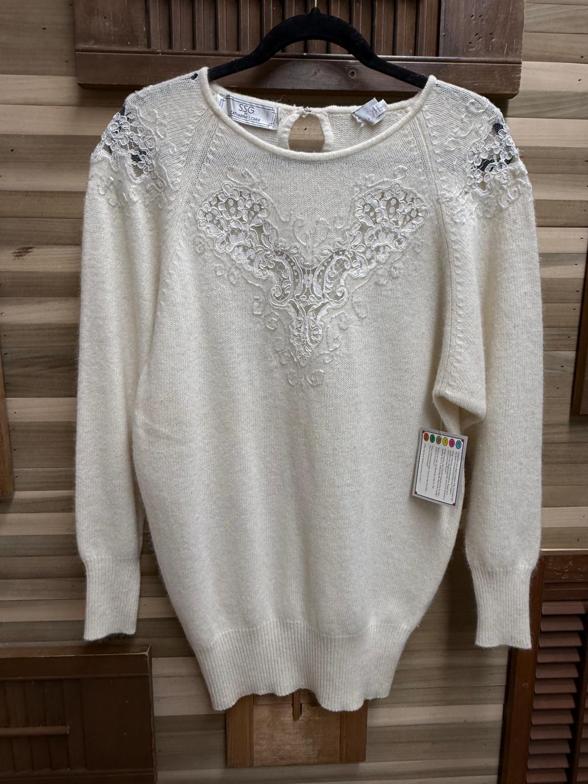 "S.S.G. By Catherine Lover" Cream Knitted Sweater Made with Lambs Wool and Angora Rabbit Hair with See Through Lace on Chest and Shoulders Size S