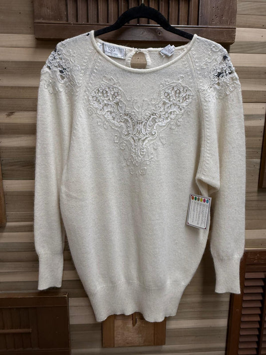 "S.S.G. By Catherine Lover" Cream Knitted Sweater Made with Lambs Wool and Angora Rabbit Hair with See Through Lace on Chest and Shoulders Size S