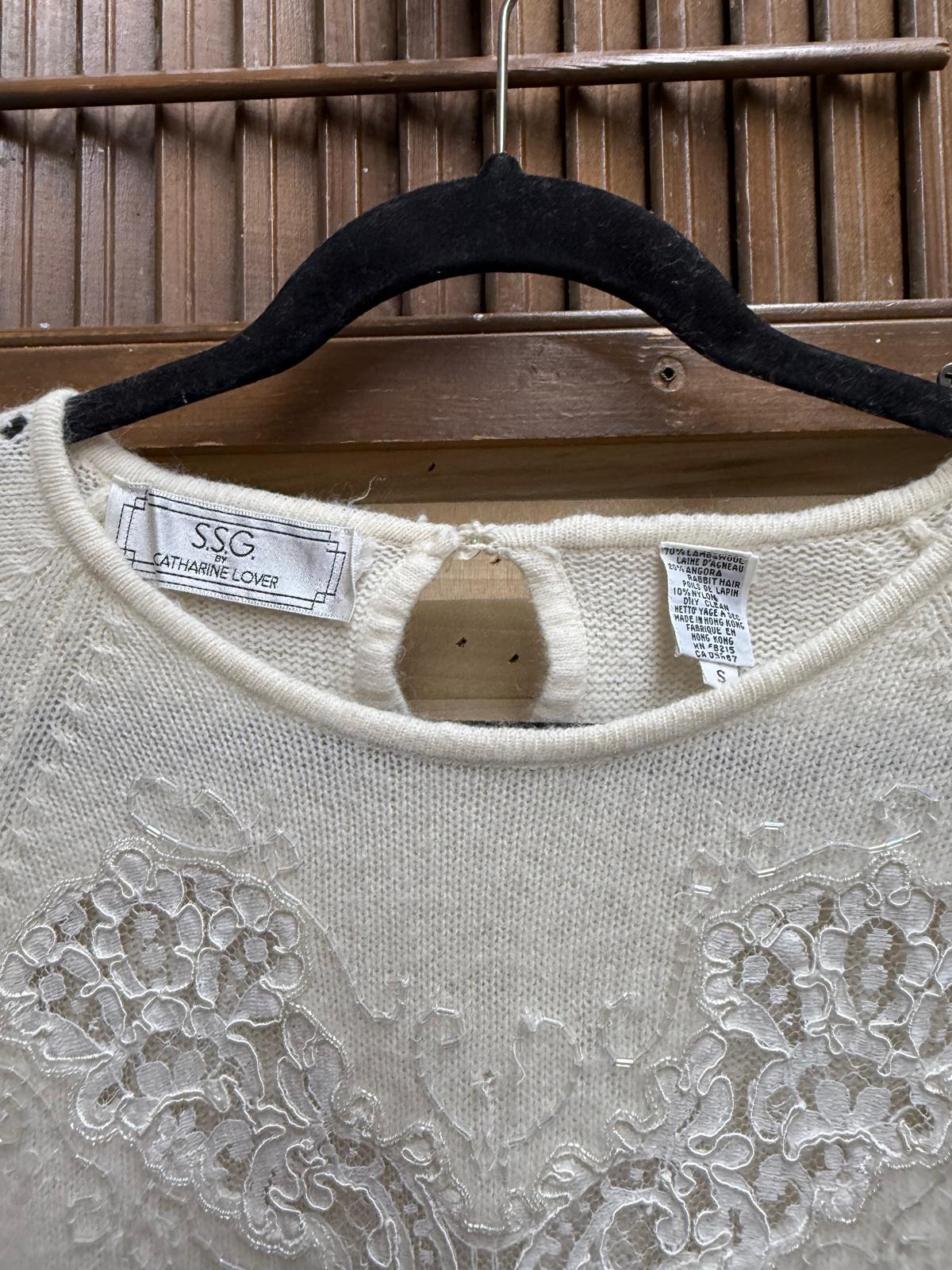 "S.S.G. By Catherine Lover" Cream Knitted Sweater Made with Lambs Wool and Angora Rabbit Hair with See Through Lace on Chest and Shoulders Size S