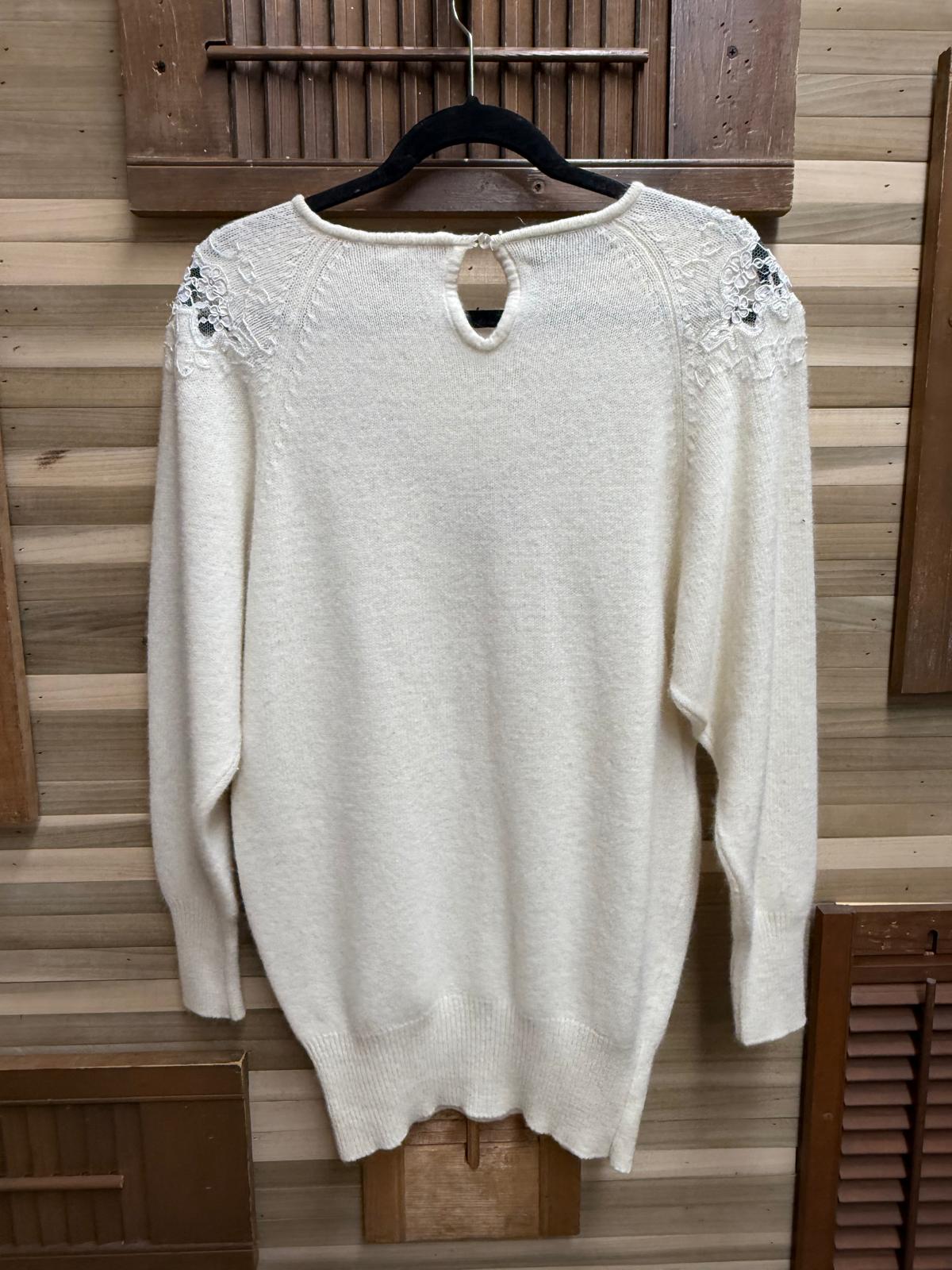 "S.S.G. By Catherine Lover" Cream Knitted Sweater Made with Lambs Wool and Angora Rabbit Hair with See Through Lace on Chest and Shoulders Size S