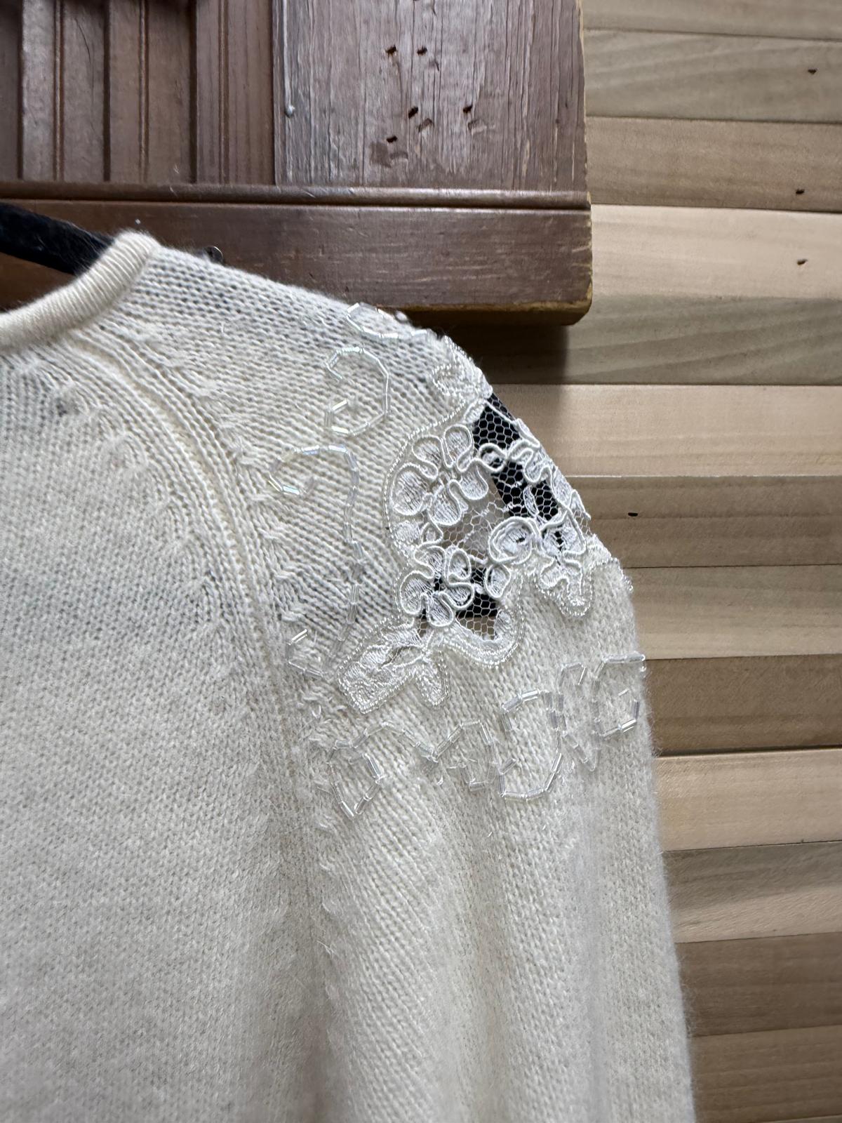 "S.S.G. By Catherine Lover" Cream Knitted Sweater Made with Lambs Wool and Angora Rabbit Hair with See Through Lace on Chest and Shoulders Size S