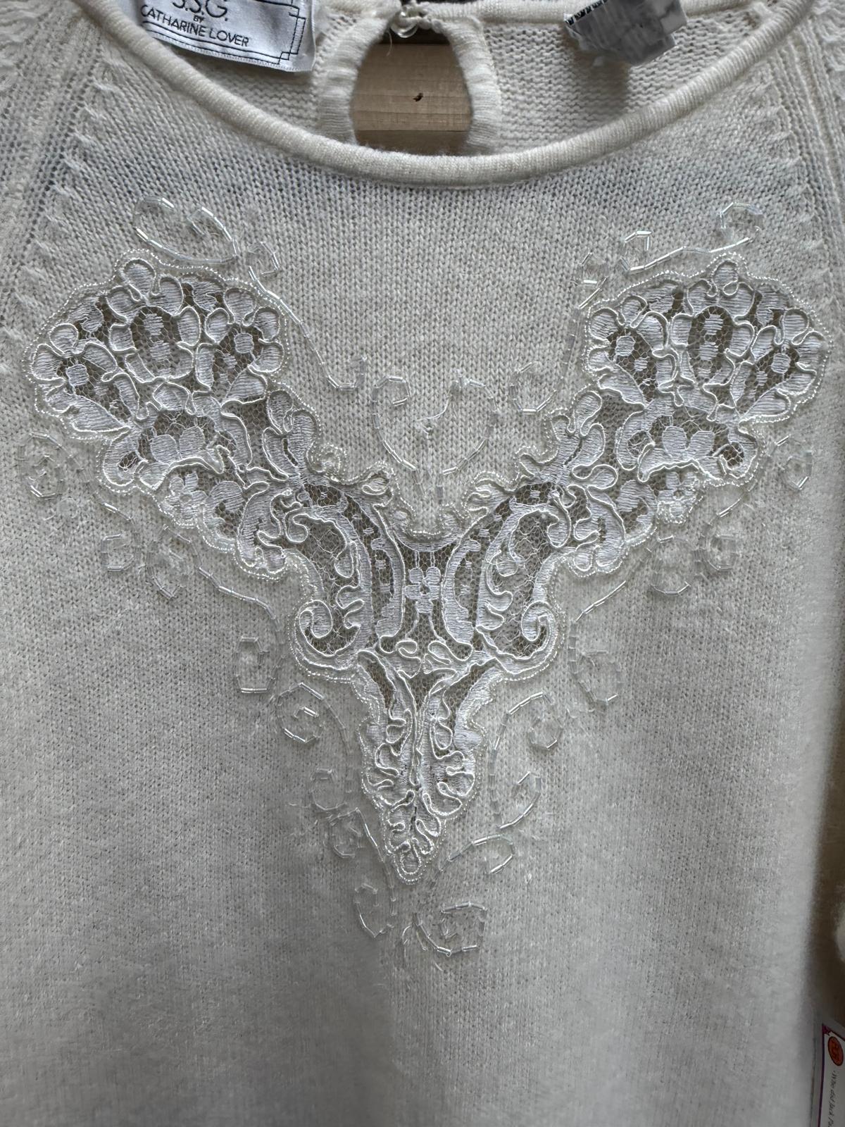 "S.S.G. By Catherine Lover" Cream Knitted Sweater Made with Lambs Wool and Angora Rabbit Hair with See Through Lace on Chest and Shoulders Size S