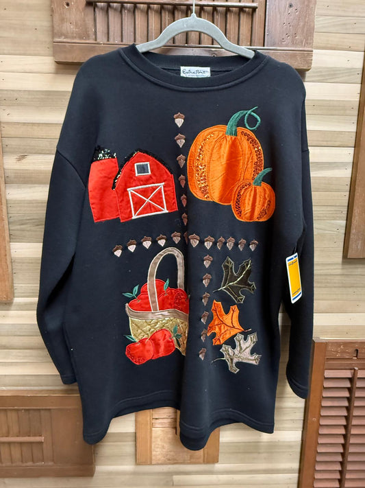 1990's "Extra Point by Reference Point" Black Fall / Thanksgiving Sweatshirt with Lines of Acorns Dividing Pumpkins, Red Barn, Apple Basket, Fall Leaves Size 3XL