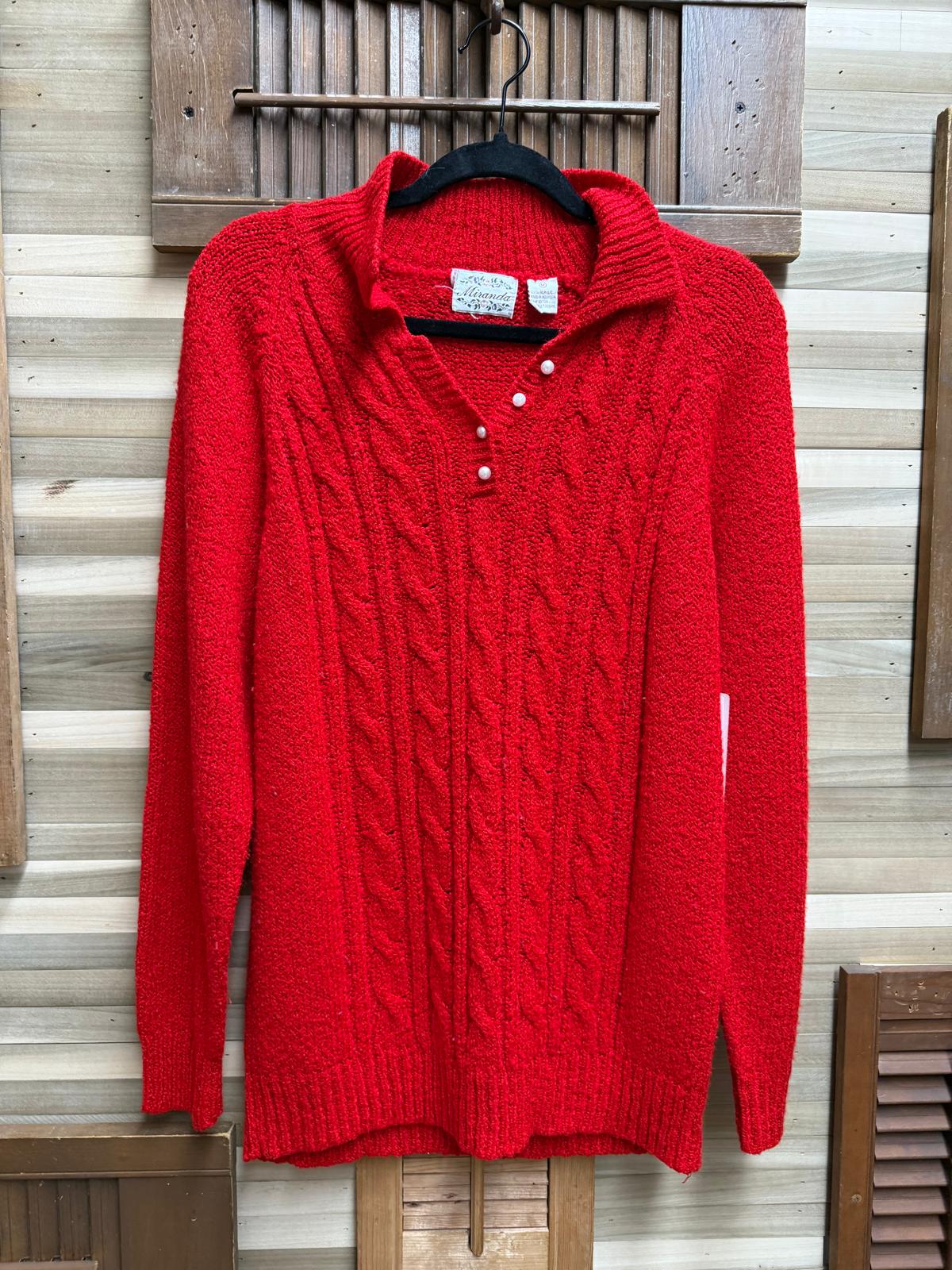 Vintage "Miranda" Red Cable Knit Front Collared Pearl Button V-Neck Size M