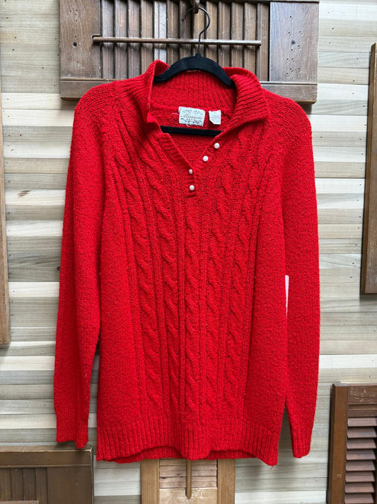 Vintage "Miranda" Red Cable Knit Front Collared Pearl Button V-Neck Size M