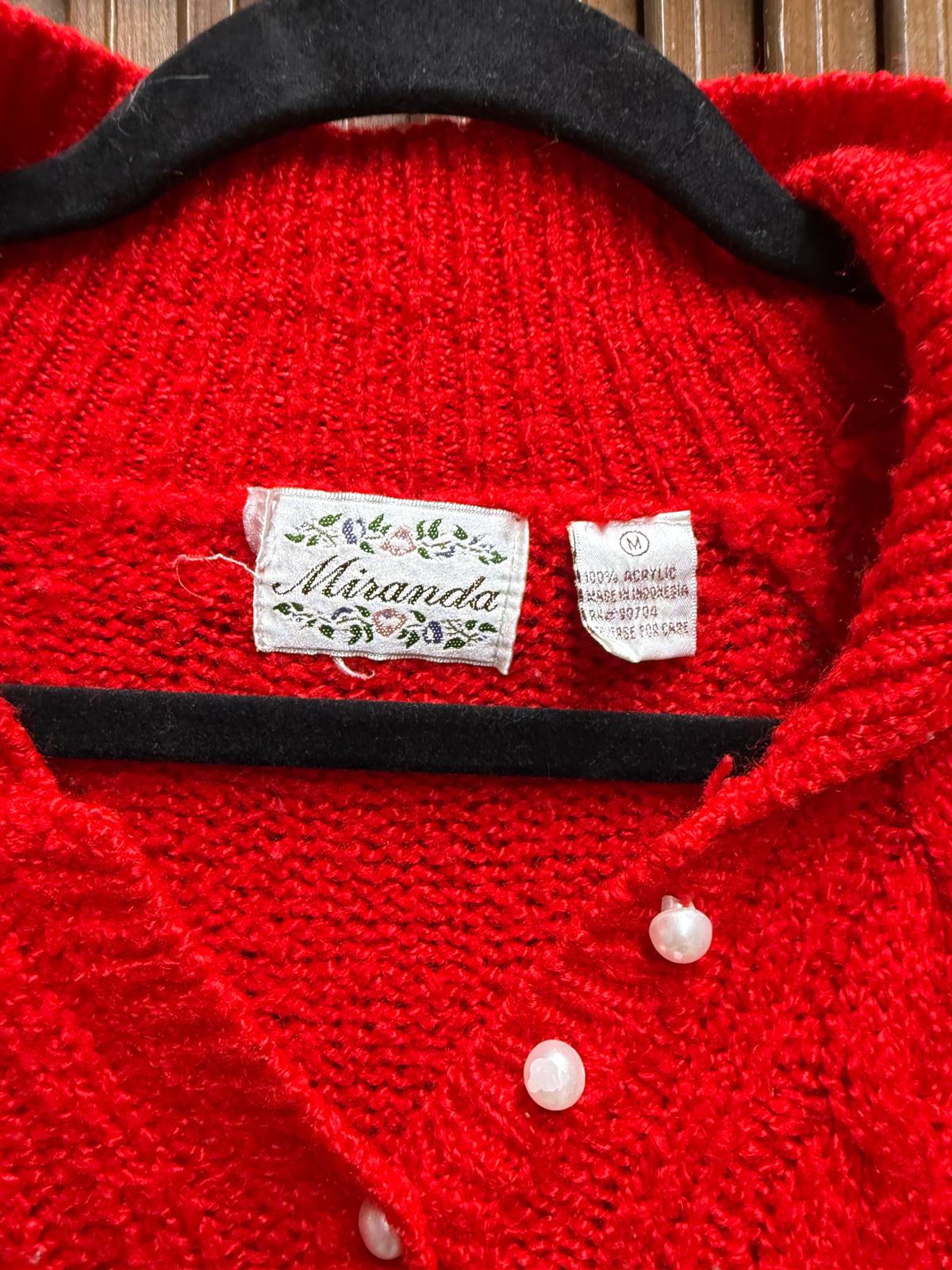 Vintage "Miranda" Red Cable Knit Front Collared Pearl Button V-Neck Size M