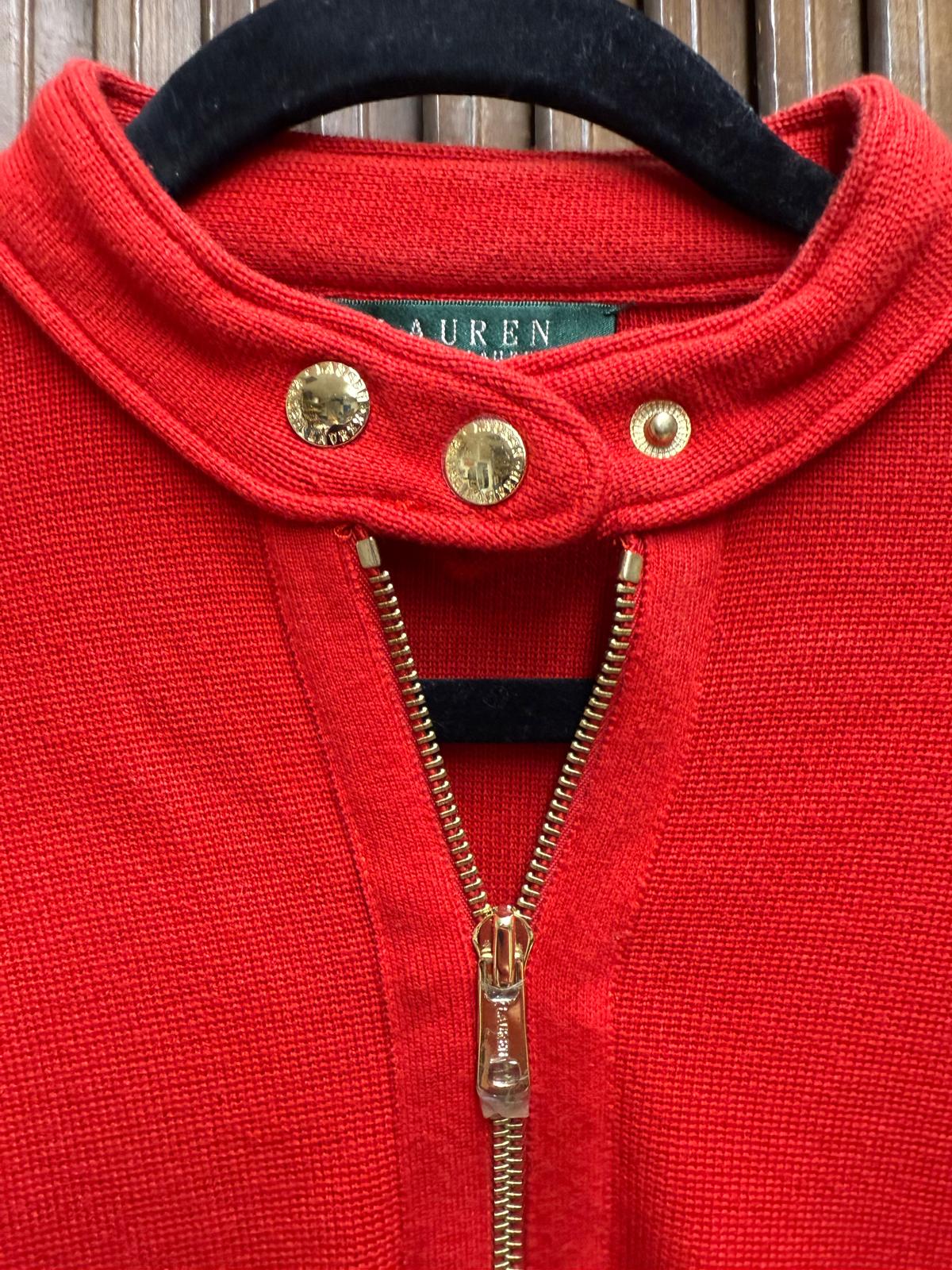 Y2K Ralph Lauren Red Full Gold Zip Sweater Cardigan Snaps at the Collar Size M