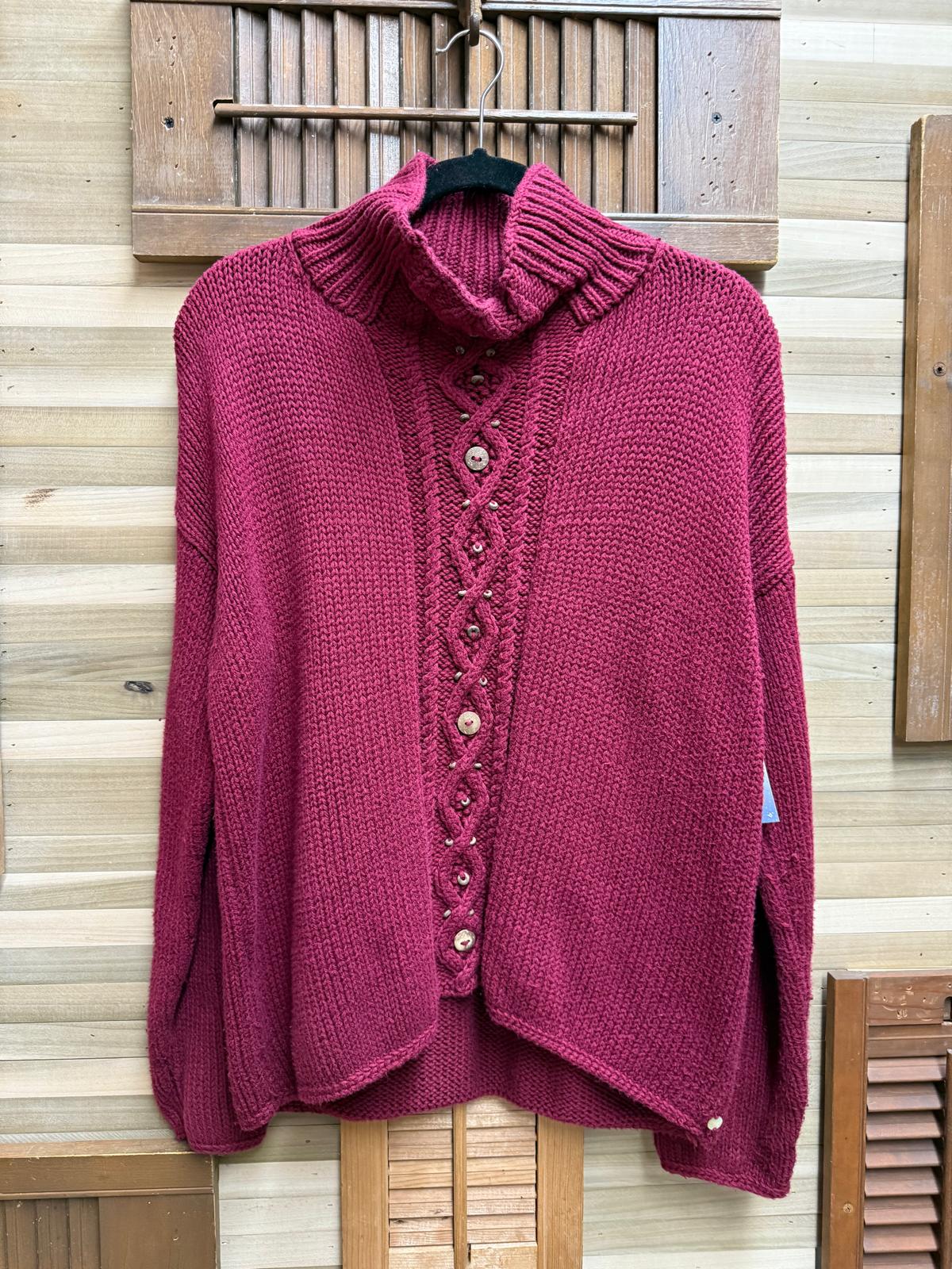 Y2K Burgundy "Pure Handknit" Button Embellished 100% Cotton Size L
