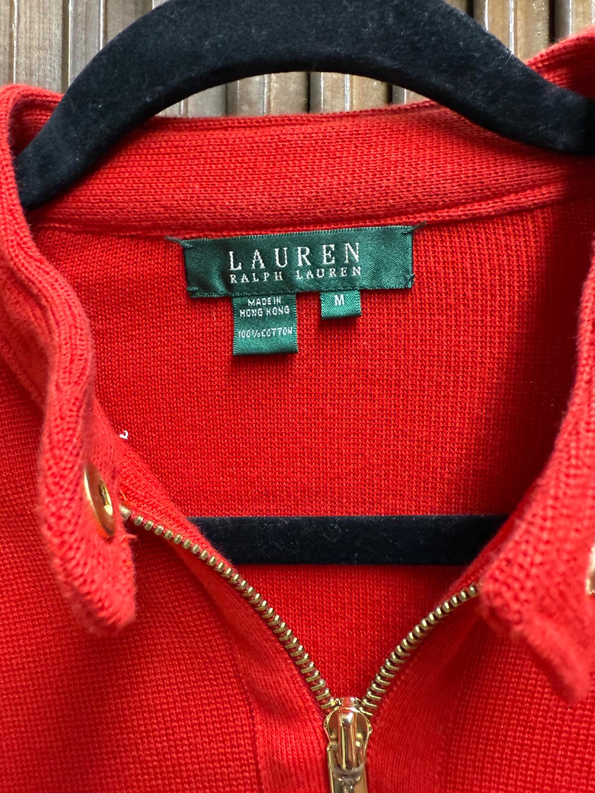 Y2K Ralph Lauren Red Full Gold Zip Sweater Cardigan Snaps at the Collar Size M